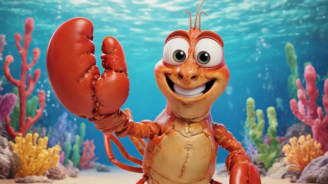 Cartoon Lobster Waving Claw In A Silly Funny Gesture, 3D Animation Style, Smooth Seamless Loop, Exaggerated Character Motion, Cheerful And Comical Background_2_prob4