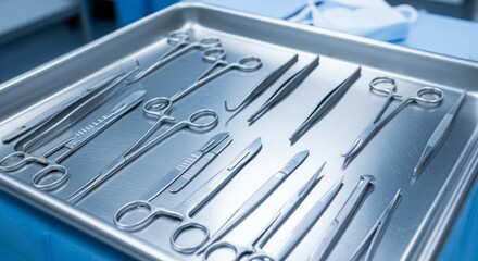 Sterile surgical instruments meticulously arranged on a stainless steel tray, ready for precise medical procedures and advanced healthcare.