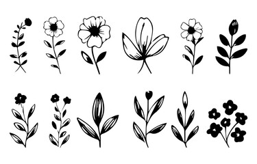 Minimalist Black Ink Hand-Drawn Floral Vector Collection—Simple Botanical Sketch Flowers, Leaves, and Branches Clip Art Graphics