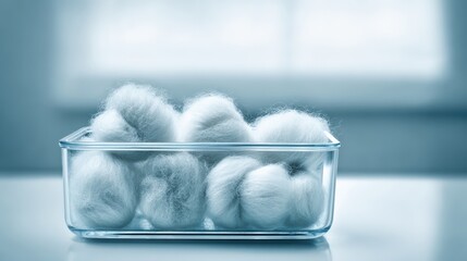 Soft white cotton balls in glass container with natural light