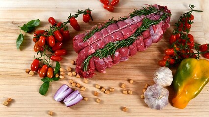 Chunk of red meat from Chianina beef on a wooden cutting board in a butcher shop