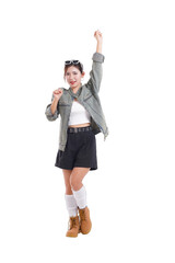 Upbeat Woman: This image captures an energetic woman in a dynamic pose, raising her arm in a...