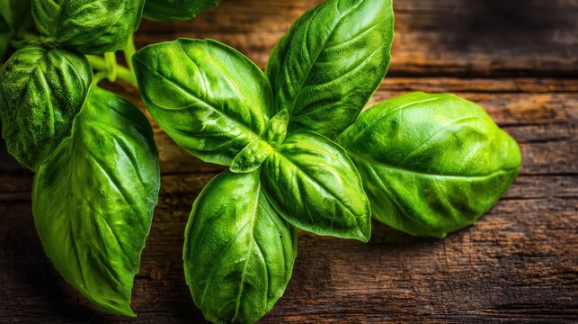 Fresh basil leaves on rustic wooden surface reflecting natural ingredients for culinary use