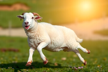 Obraz premium Schafe Lustig Rennendes Junges Lamm auf Sommerwiese