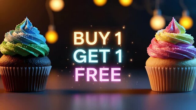 Colorful cupcakes with a buy one get one free offer on a dark background