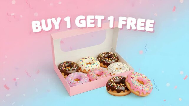 Donuts in a box with a buy one get one free offer on a colorful background