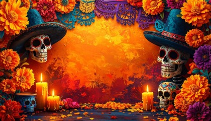 Marco fotográfico inspirado en la Calavera Catrina y el Día de los Muertos. Fondo con colores festivos y vibrantes. Decoraciones con flores de cempasúchil, velas, papel picado y calaveras estilizadas 