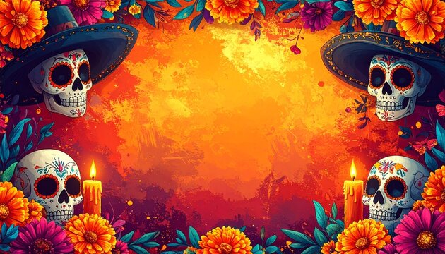 Marco fotográfico inspirado en la Calavera Catrina y el Día de los Muertos. Fondo con colores festivos y vibrantes. Decoraciones con flores de cempasúchil, velas, papel picado y calaveras estilizadas 
