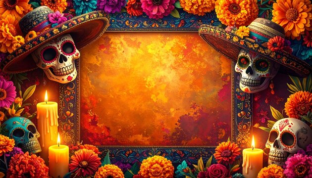 Marco fotográfico inspirado en la Calavera Catrina y el Día de los Muertos. Fondo con colores festivos y vibrantes. Decoraciones con flores de cempasúchil, velas, papel picado y calaveras estilizadas 