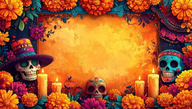 Marco fotográfico inspirado en la Calavera Catrina y el Día de los Muertos. Fondo con colores festivos y vibrantes. Decoraciones con flores de cempasúchil, velas, papel picado y calaveras estilizadas 