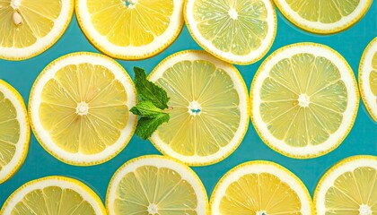 Fototapeta premium Lemon Slices and Mint - A Refreshing Citrus Pattern on Blue.