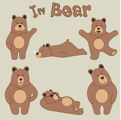 Bear character set in various poses and facial expressions in Vector Illustration
