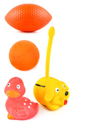 Assortment of Colorful Pet Toys on a White Background
