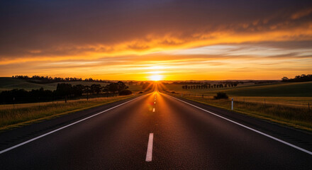 Naklejka premium Road extending towards setting sun at horizon