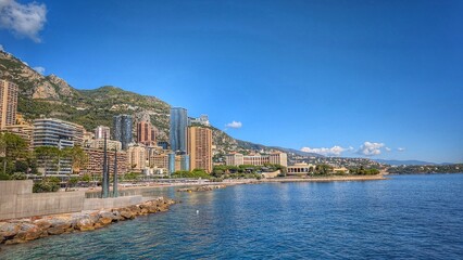 Fototapeta premium Beach and Urban Skyline – Larvotto Beach, Monaco, French Riviera