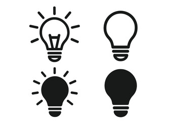 Light bulb icon set. Vector pictograph collection for idea, creativity, and innovation concepts. Includes shining and off, line and solid styles. Symbol of energy, solution, power.