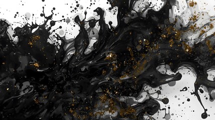 Dramatic interplay of black paint with golden flecks creates an abstract, luxurious composition.