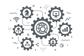 SEO mechanism concept with gears and icons. Digital marketing, internet strategy, data analytics, social media, global network. Engine optimization process abstract background.