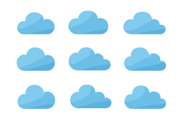 Set of blue cloud icons. Vector illustration collection. Simple flat cartoon graphic design elements for weather forecast or web interface. Sky symbol isolated on transparent background.
