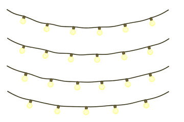Set of Christmas lights string. Glowing light bulbs garland collection. Festive holiday decoration for Xmas, New Year, party. Vector illustration isolated on transparent background