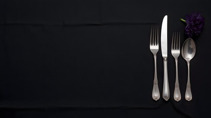 Elegant silverware arrangement set against a stark backdrop with a delicate purple flower accent.