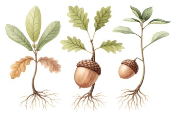 Hand-Painted Watercolor Illustration of Tree Seeds with Seedlings, Minimalist Botanical Art