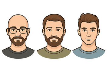 Man face vector icon set. Male character avatar collection. Bald man with glasses, bearded man, guy with modern hairdo. Cartoon person head portrait for social media.