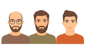 Men character creator set. Vector cartoon portraits. Bald man with glasses and beard. Guy with modern hairstyle. Different male appearances and haircuts. User avatar icons.