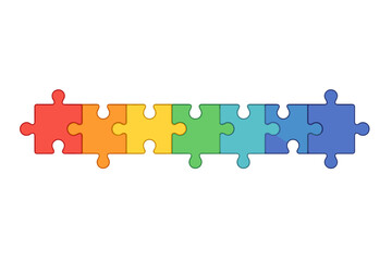 Rainbow jigsaw puzzle row. Vector banner for business strategy, connection, teamwork, problem-solving, and solutions. Partnership, integration, and process concept design.