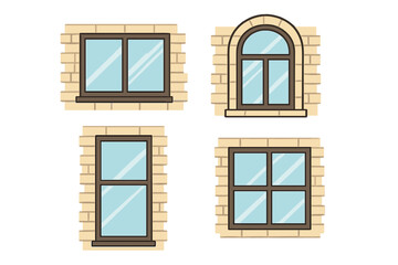 Vector illustration set of various window types in a brick wall. Collection of different architectural frames, arched and rectangular, for building exterior or house facade design.
