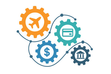 Travel finance mechanism concept. Abstract vector background with connected gears and icons. Symbols for money, card, bank. Business payment system, booking, transaction process.