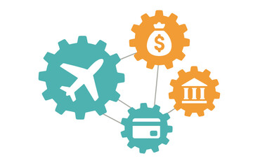 Travel finance system. Air travel funding mechanism. Connected gears with icons. Concept for flight booking, money, credit card payment, and banking. Vector infographic.