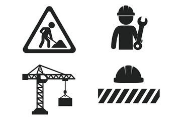 Construction icons. Under construction site collection. Road work warning sign. Worker with wrench tool. Building industry crane. Safety hard hat helmet. Repair symbol set.