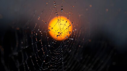 Delicate spiderweb adorned with shimmering droplets, catching the golden light of the rising sun.