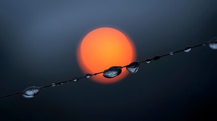 Reflections in the water droplets catch a soft, warm light against the dark, shadowy background of night.