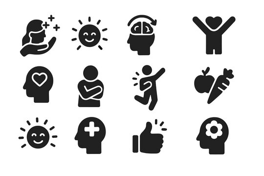 Positive thinking solid glyph icon set. Includes self-care, optimism, mental health, emotional wellbeing, happiness, healthy lifestyle, personal growth, and self-love concepts.