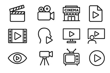 Video outline icon set. Movie, camera, cinema, media, film, and tv production icons. Contains play button, watching, viewer, streaming, and entertainment concepts. Vector.