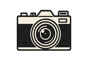 Vintage photo camera icon vector illustration. Retro photography equipment symbol. Old classic film camera sign for photographer logo. Grunge texture hobby concept design.
