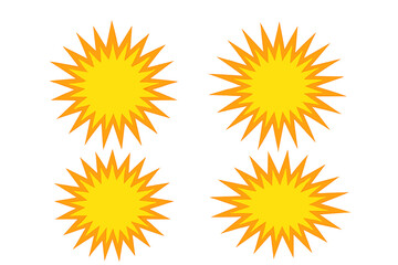 Starburst vector sunburst sticker set for sale and promotion. Empty comic explosion price tag. Blank yellow and orange label for special offer or new product badge template.