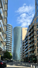 London, UK  Israel, 1 June 2025. A daytime street view of the modern residential Baltimore Tower and surrounding buildings in Canary Wharf, London