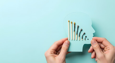 Exhaustion and stress, burnout in hustle culture, low energy, burning matches in a chain, domino effect, work life balance