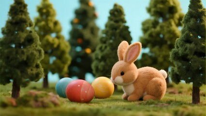 A cute, fluffy brown bunny doll sits among three Easter eggs in a miniature pine forest, evoking the feeling of an Easter egg hunt.