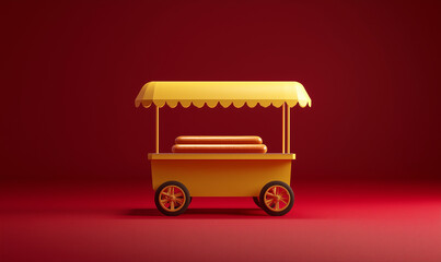 A bright yellow food cart with a canopy and wheels stands against a bold red background, featuring hot dogs on the counter in a minimalistic design