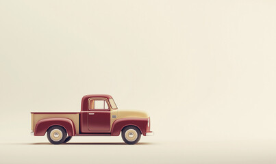 A vintage-style pickup truck in red and beige stands against a plain cream background, showcasing a minimalist and retro aesthetic