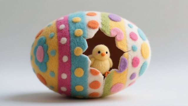 A cute little felt chick peeks out from a large eggshell decorated with colorful patterns and stripes, as if it were its tiny home.