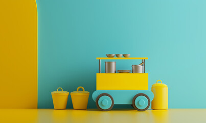 A bright yellow and blue street food cart with pots and bowls, accompanied by two buckets and a bin, set against a vibrant turquoise and yellow background, symbolizing street food concept