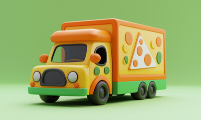 A colorful toy delivery truck with a pizza slice design on its side, set against a bright green background, symbolizing pizza delivery or food service concept