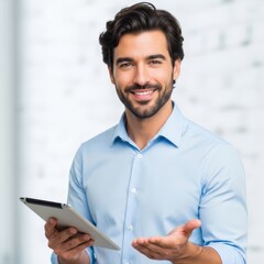 Confident man in blue shirt holding tablet smiling gesturing towards camera professional business person