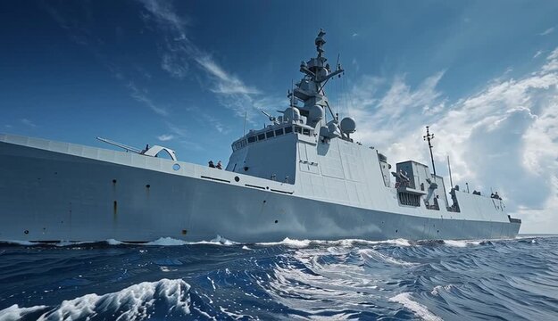 Modern naval frigate warship sailing on blue ocean waters, gray military vessel with radar systems and weapons systems
