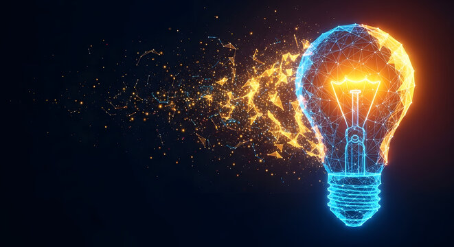 Electric light bulb bright polygonal connections on a dark blue background. Technology concept innovation artificial intelligence brainstorming business success